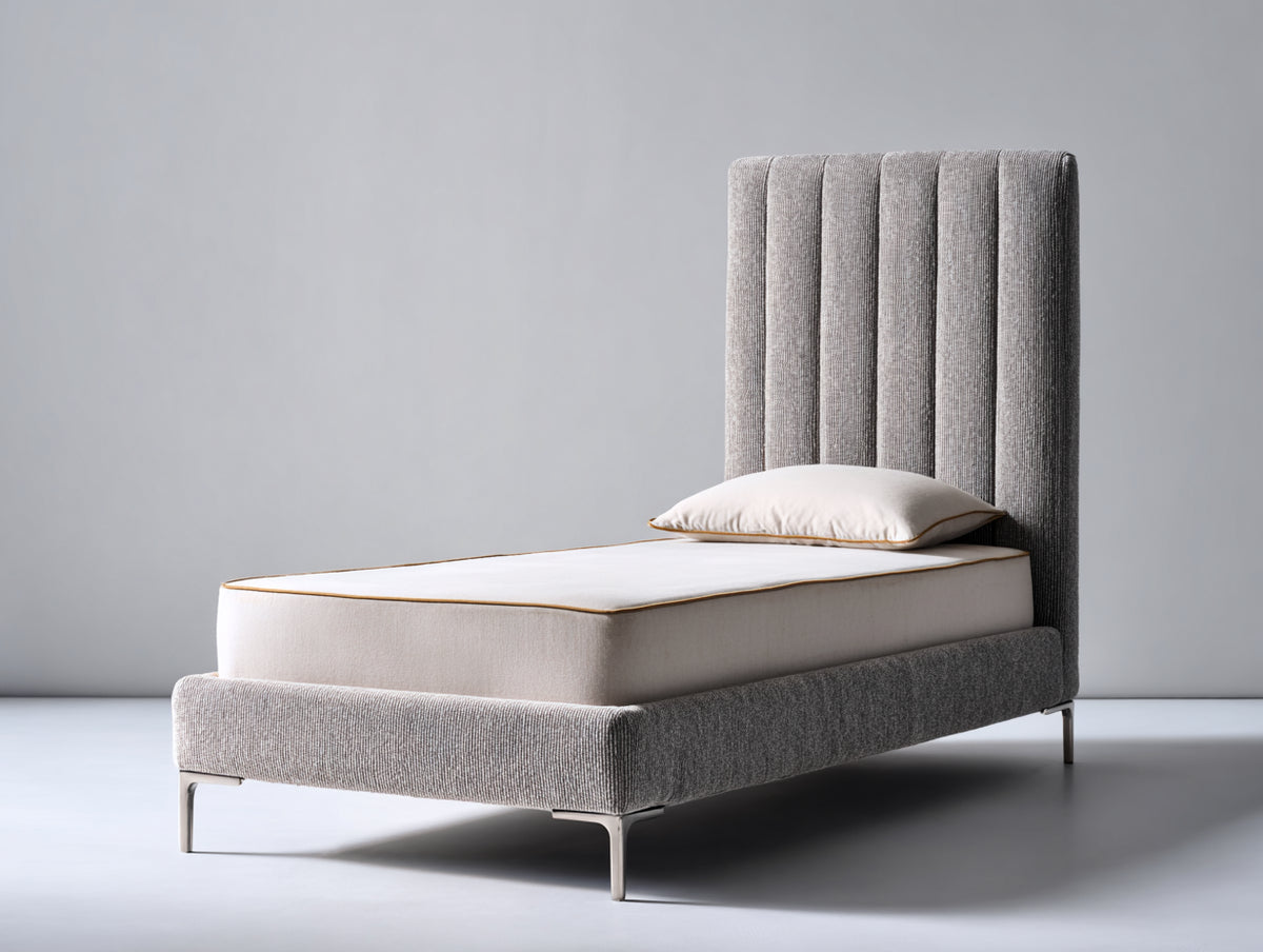 Lit simple - Tissu - 210 x 100 x 125 cm - Gris clair - Style contemporain