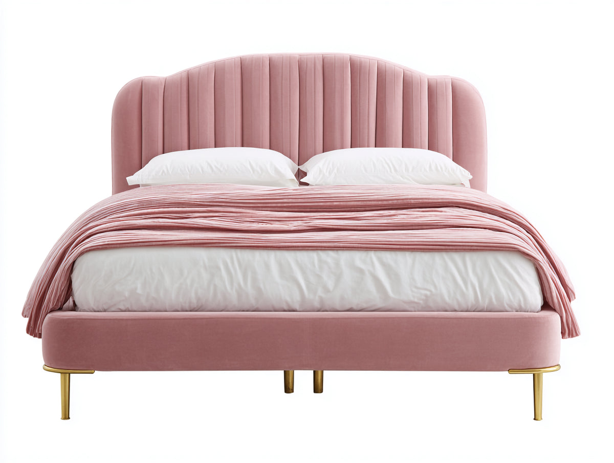 Lit double - Velours-Métal - 213 x 173 x 118 cm - Rose-Doré - Style Art déco
