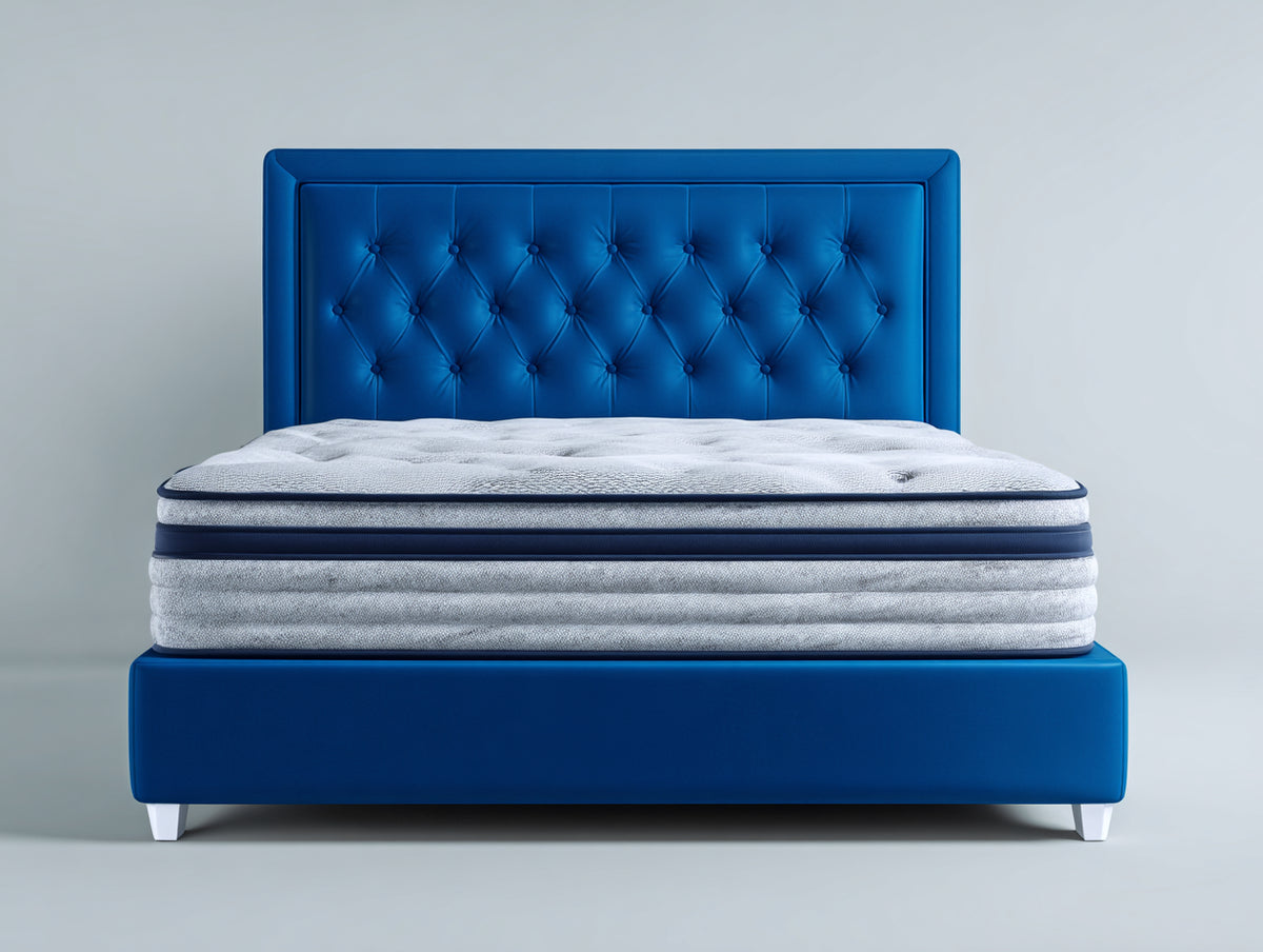 Lit double - Tissu-Bois - 212 x 172 x 120 cm - Bleu-Blanc - Style contemporain capitonné
