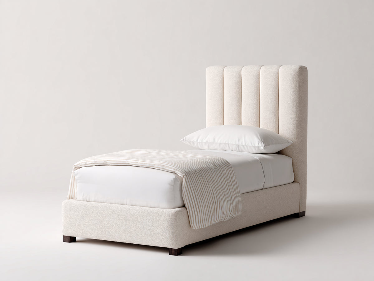 Lit simple - Tissu bouclé-Bois - 205 x 100 x 120 cm - Blanc cassé - Style moderne