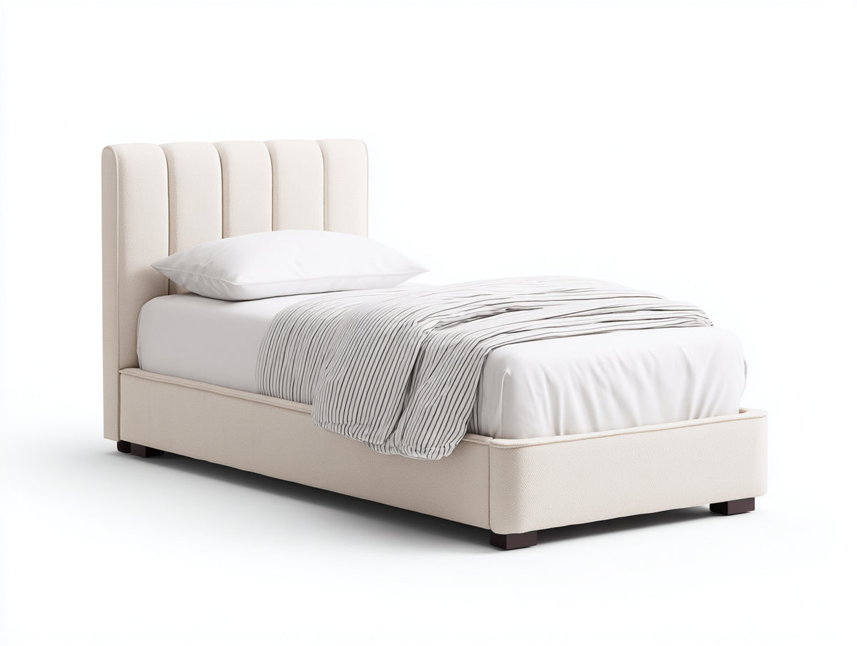Lit simple - Tissu-Bois - 205 x 100 x 115 cm - Blanc cassé - Style moderne