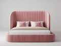 Lit double - Velours-Bois - 218 x 190 x 125 cm - Rose - Style contemporain enveloppant