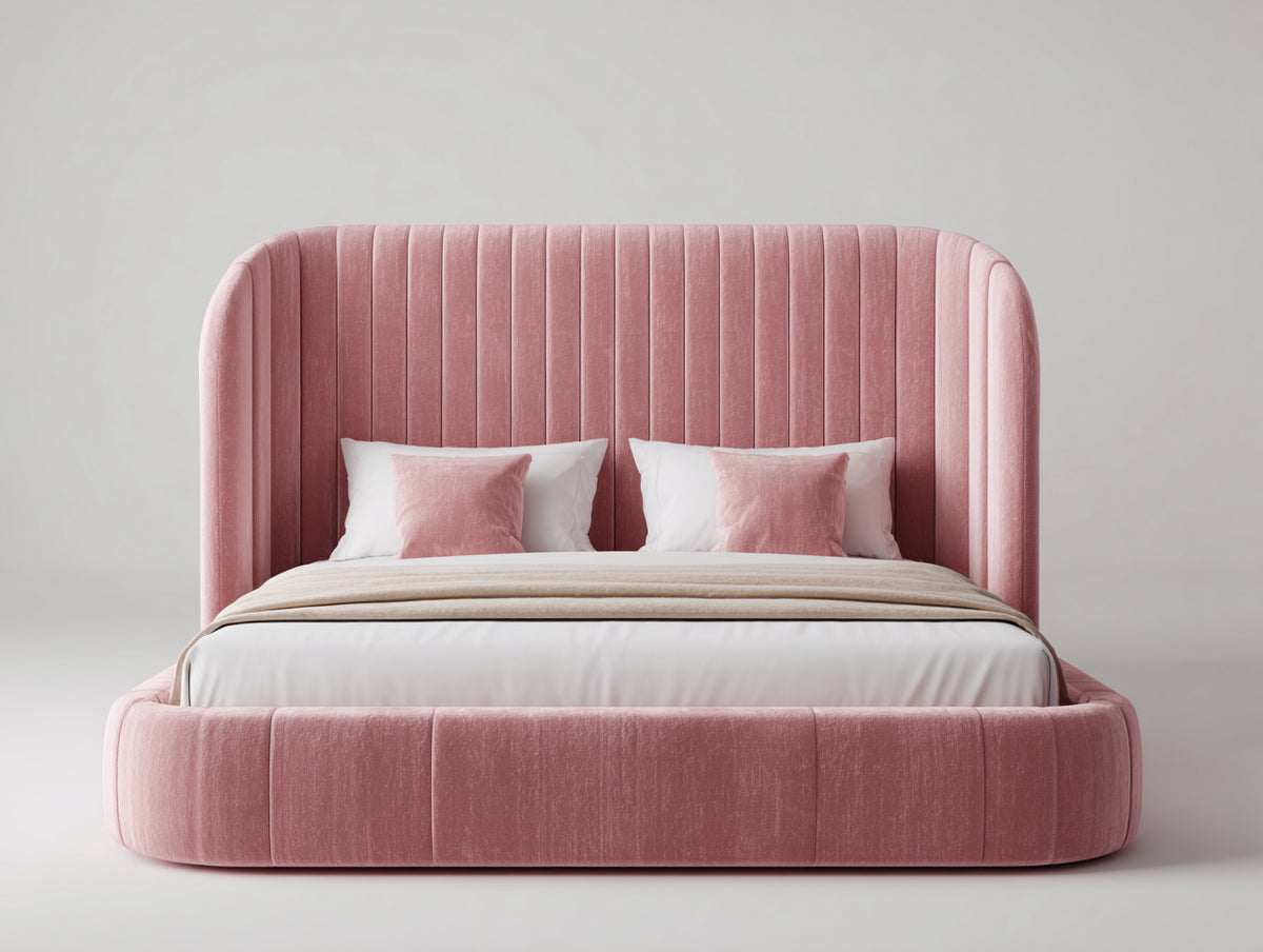 Lit double - Velours-Bois - 218 x 190 x 125 cm - Rose - Style contemporain enveloppant