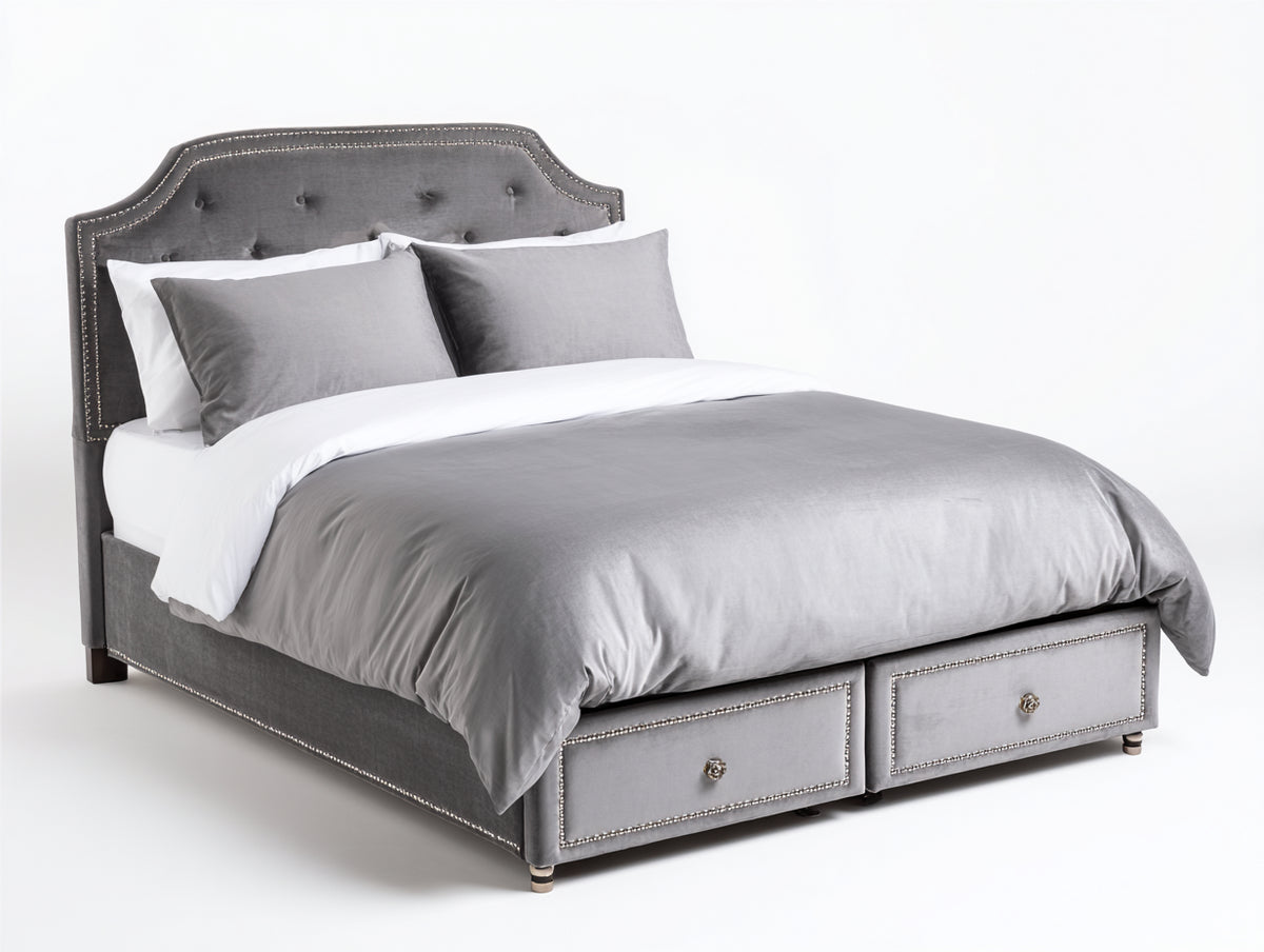 Lit double - Velours-Bois-Métal - 215 x 175 x 125 cm - Gris-Argent - Style classique chic