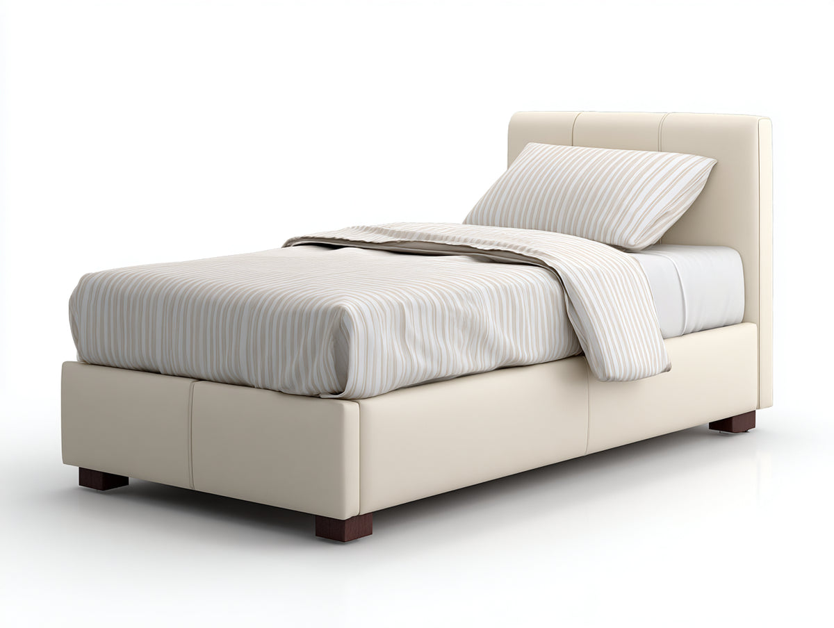 Lit simple - Similicuir-Bois - 205 x 100 x 105 cm - Beige clair - Style contemporain