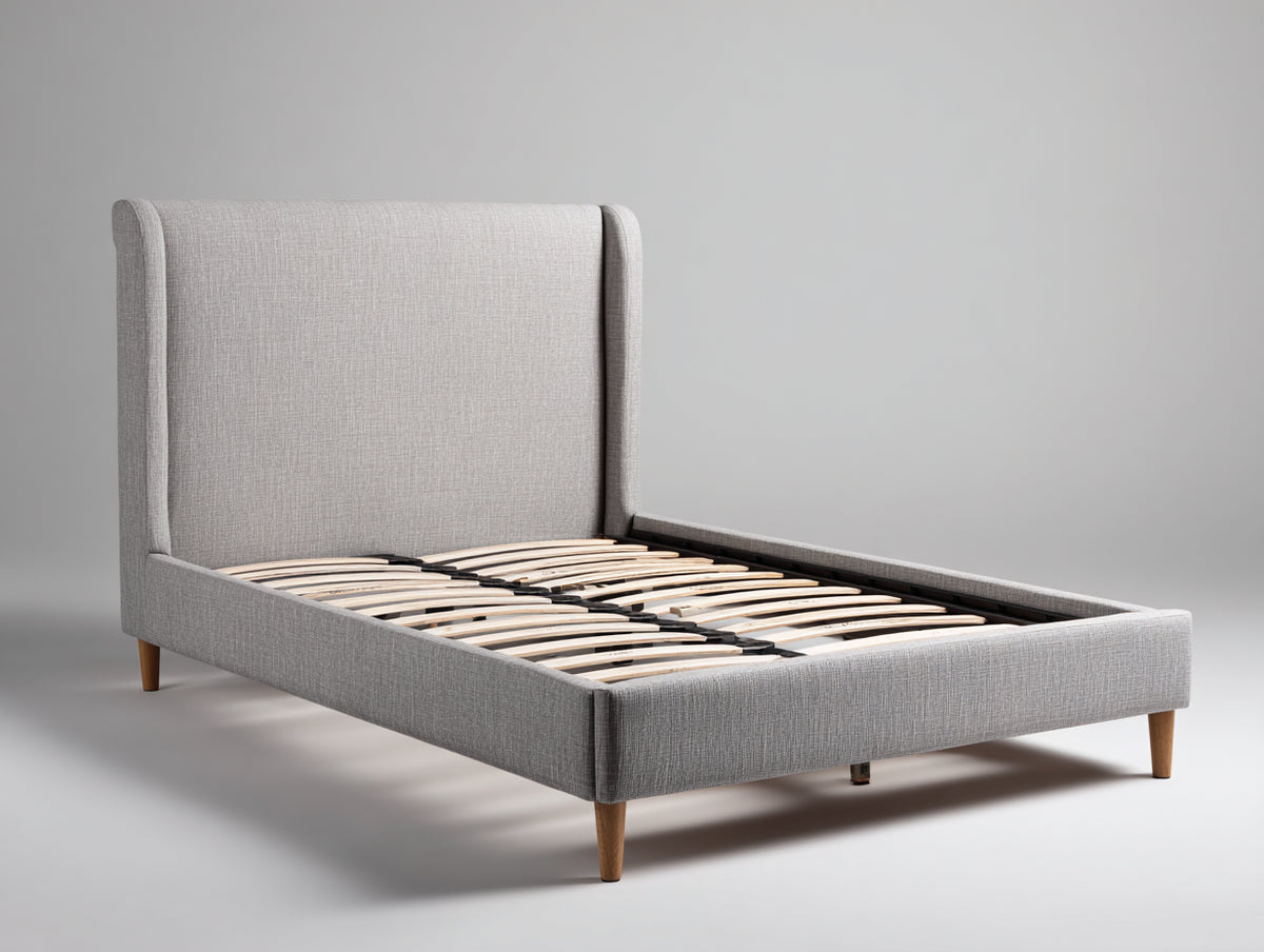 Lit double - Tissu-Bois - 210 x 150 x 120 cm - Gris clair - Style contemporain minimaliste