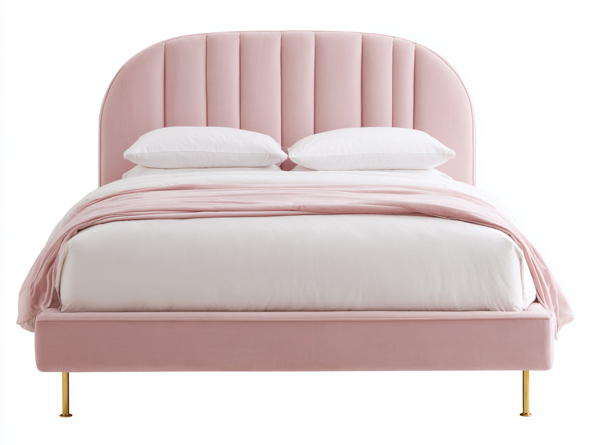 Lit double - Velours-Métal - 212 x 172 x 118 cm - Rose-Doré - Style contemporain