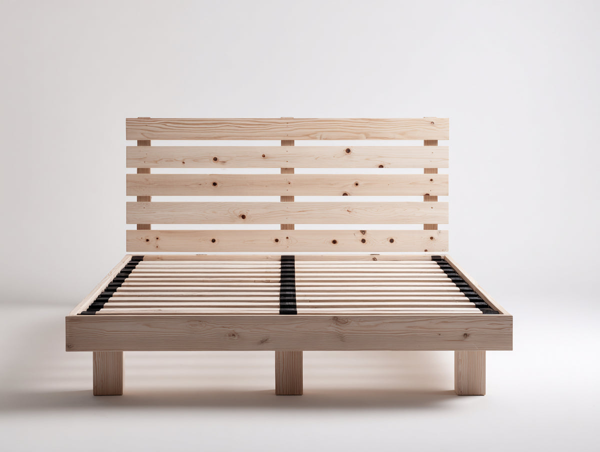 Lit double - Bois de pin - 209 x 167 x 110 cm - Bois naturel-Noir - Style naturel minimaliste