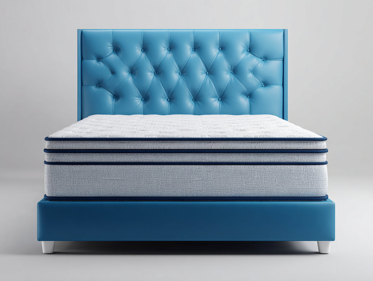 Lit double - Tissu - 210 x 170 x 125 cm - Bleu-Blanc - Style contemporain