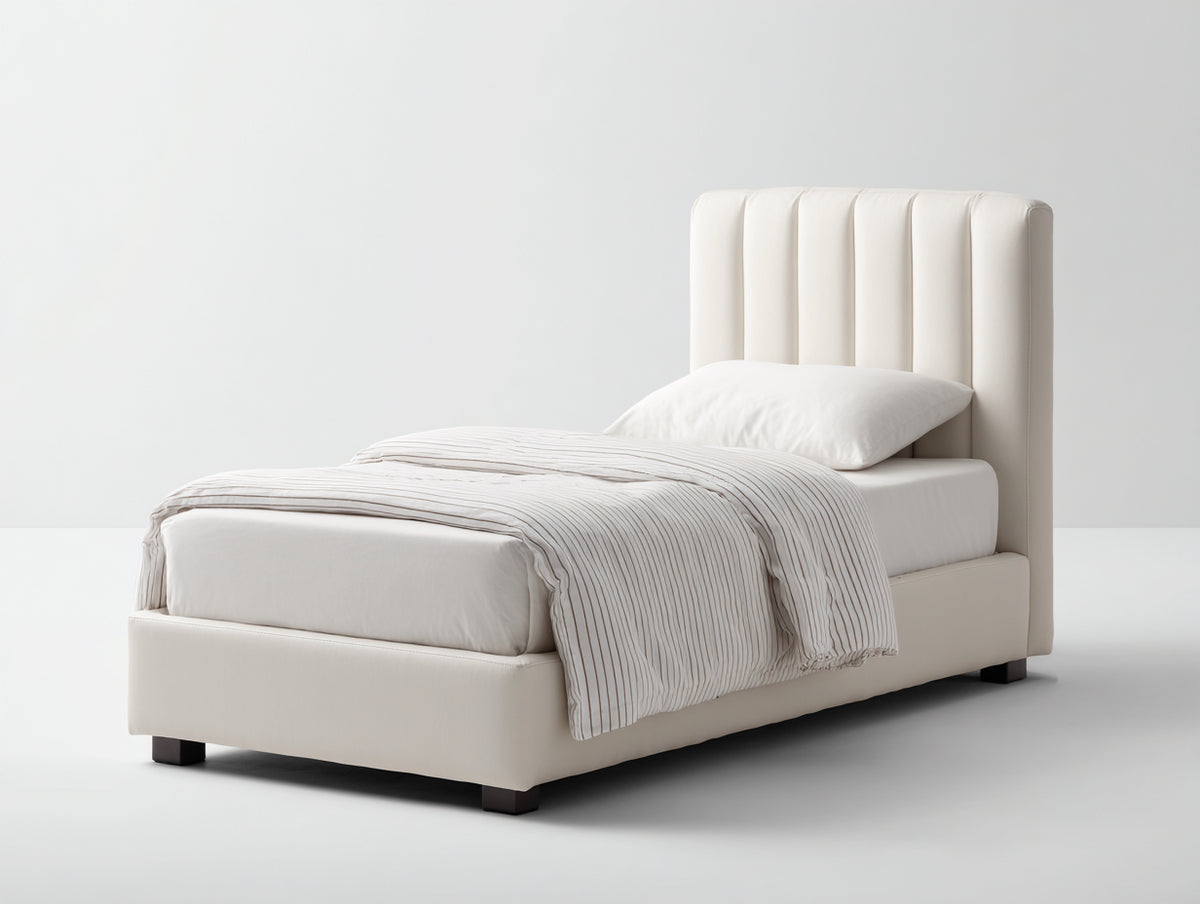 Lit simple - Tissu-Bois - 205 x 100 x 118 cm - Blanc crème - Style contemporain