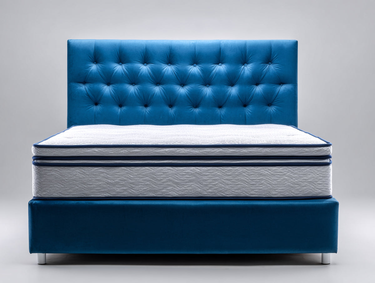 Lit double - Velours-Métal - 210 x 170 x 125 cm - Bleu-Argent - Style contemporain capitonné