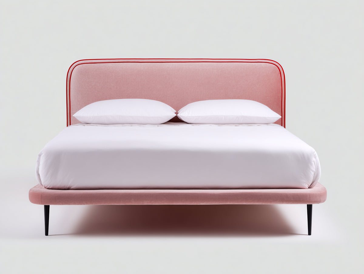 Lit double - Tissu-Métal - 212 x 170 x 105 cm - Rose-Rouge-Noir - Style moderne