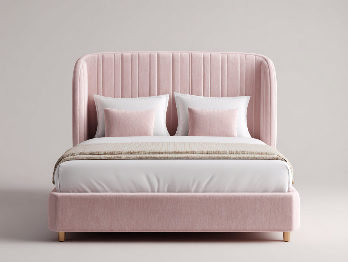 Lit double - Tissu-Bois - 212 x 172 x 122 cm - Rose-Bois naturel - Style contemporain